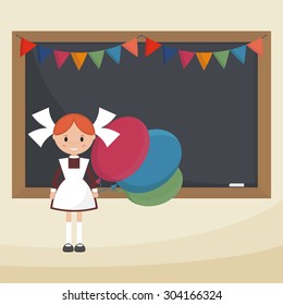 Schoolgirl with balloons near the school board. Soviet schoolgirl in school uniform. Simple flat vector. EPS 10.