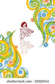 The schoolgirl behind lessons in abstract collage. Vector illustration. Isolated groups and layers. Global colors.
