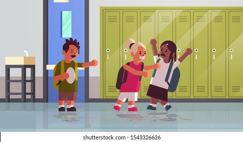 schoolgirl being bullied bully girl pushing nerd classmate aggressive behavior peer violence and bullying concept modern school corridor interior flat full length horizontal vector illustration