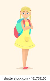 Schoolgirl with big backpack and braids. Illustration of a cartoon character. Vector flat design.