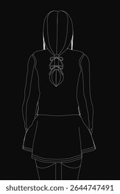 Schoolgirl in a black and white drawing wears a hoodie with a drawstring hood and long sleeves, paired with a pleated skirt. Her determined expression and pulled-back ponytail add a focused, studious.