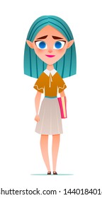Schoolgirl with a book. Cartoon flat vector illustration.