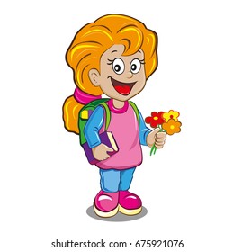 Schoolgirl with book and flowers on white background
