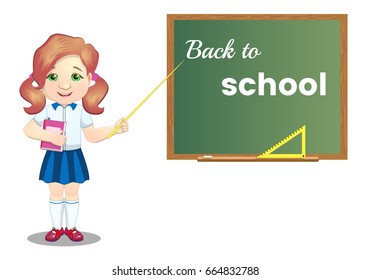 Schoolgirl with book near the board, on white background