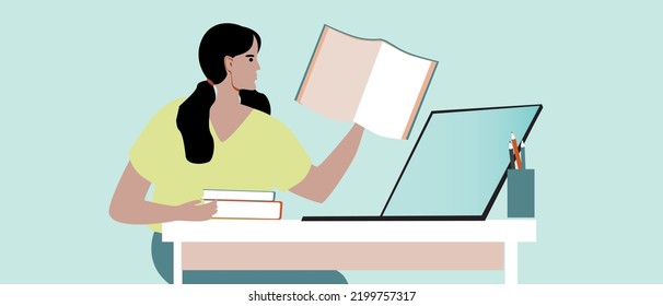 Schoolgirl with book and neutebook in modern library, flat desktop illustration as concept of education