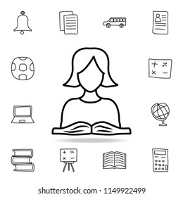 schoolgirl and book sketch icon. Element of education icon for mobile concept and web apps. Outline schoolgirl and book sketch icon can be used for web and mobile