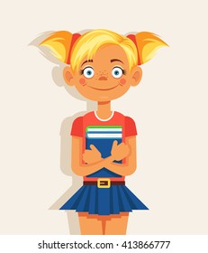 Schoolgirl with book. Vector flat cartoon illustration