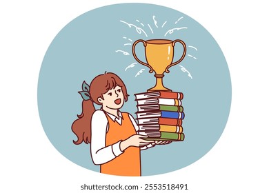 Schoolgirl with books and cup for winning olympiad rejoices at good marks for test. Child prodigy girl with golden cup of winner of olympiad enjoys prize of best elementary school student