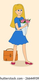 Schoolgirl with a bouquet of flowers.
