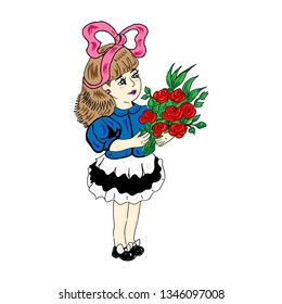 schoolgirl with a bouquet of flowers, children's drawing