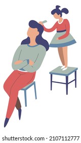 Schoolgirl brushing mothers hair, making hairstyle and hairdo. Isolated kid on stool with hairdressers tools, beauty salon game. Role playing with mom, parenting and relationship, vector in flay