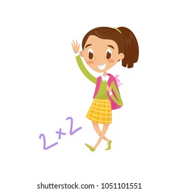 Schoolgirl carrying backpack and waving her hand, education and knowledge concept, colorful cartoon character vector Illustration on a white background