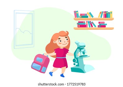 Personaje escolar con mochila y microscopio en la escuela. Concepto de educación o conocimiento. Estudiar Biología o Química para Niños, Niños Visitando Preescolar para Aprender. Ilustración del vector de dibujos animados