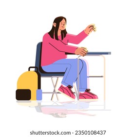 schoolgirl character with backpack sitting at desk back to school primary education concept
