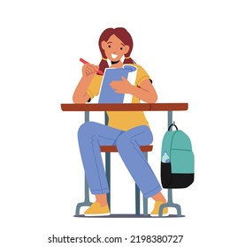 Schoolgirl Character Sitting at Desk Writing in Notebook during Lesson. Little Kid Student in School Classroom, Back to School, Primary Education Concept. Cartoon Vector Illustration