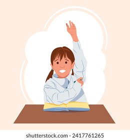 Schoolgirl Character Stretches Her Hand In Class, Eagerly Raising It To Answer A Question Or Seek The Teacher Attention, Demonstrating Her Active Engagement For Learning. Vector Illustration