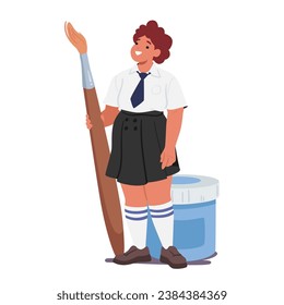 Schoolgirl Character Wields An Enormous Paintbrush, Her Youthful Enthusiasm Spilling Onto A Canvas Of Boundless Imagination, Creating Vibrant Strokes Of Creativity. Cartoon People Vector Illustration