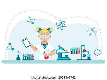 Schoolgirl in a chemistry lesson. Back to school. Education. Cartoon style. Vector.