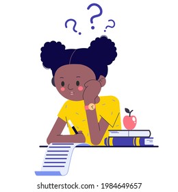 A schoolgirl in class or in an exam thinking about how to do her homework or assignments. The African-American girl is thinking about it. Flat vector illustration on white background with question mar