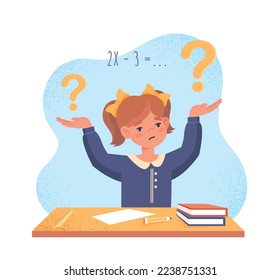 Schoolgirl at classroom. Education, learning and learning, little boy raises his hand and prepares to answer question. Talented and hardworking student at lesson. Cartoon flat vector illustration