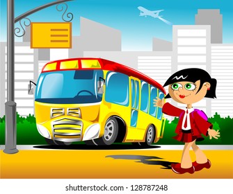 Schoolgirl comes to a school bus stop, vector illustration