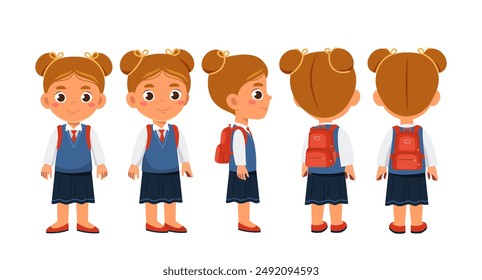 Conjunto de constructores de colegiala. Chica con uniforme escolar. Paquete de caracteres en diferentes ángulos de visualización. Elementos de diseño para crear animaciones. Chico con mochila. Colección de Vector plano