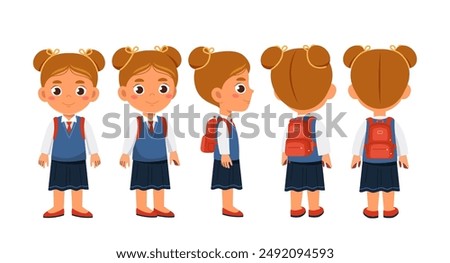 Schoolgirl constructor set. Girl in school uniform. Pack of characters in different viewing angles. Design elements for creating animations. Kid with backpack. Flat vector collection