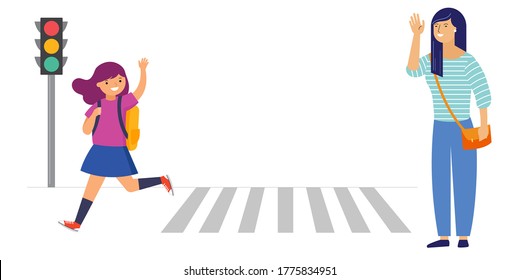 Schoolgirl crossing a road on her way to school, mother saying goodbye. Crossing the road safely concept illustration. 