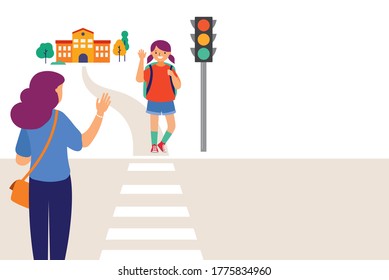 Schoolgirl crossing a road on her way to school, mother saying goodbye. Crossing the road safely concept illustration. 