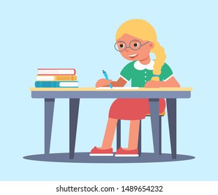 Schoolgirl at desk flat vector illustration. Cute girl in glasses sitting at table cartoon character. Female teenager doing homework, writing in copybook. Cheerful pupil preparing home assignments