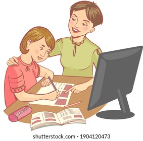 Schoolgirl doing her homework with her mother during online lesson at home, social distance during quarantine, self-isolation, online education, vector image