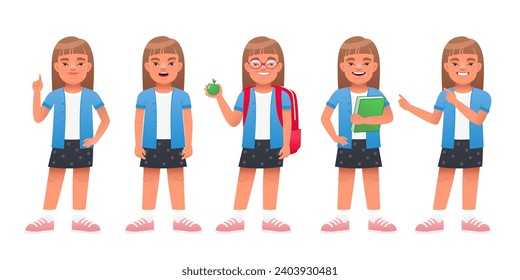 Schoolgirl with Down syndrome is wearing glasses with a backpack and an apple, pointing at something, surprised, with a book in her hand. Set of different poses and emotions of a sunny child