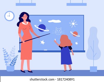 Schoolgirl drawing on chalk board in class. Teacher with pointer asking pupil at blackboard flat vector illustration. Lesson, school class concept for banner, website design or landing web page