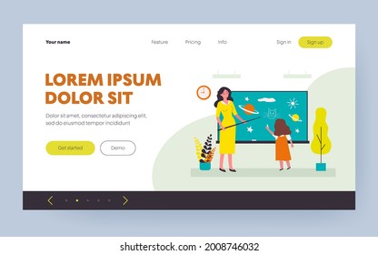 Schoolgirl drawing on chalk board in class. Teacher with pointer asking pupil at blackboard flat vector illustration. Lesson, school class concept for banner, website design or landing web page