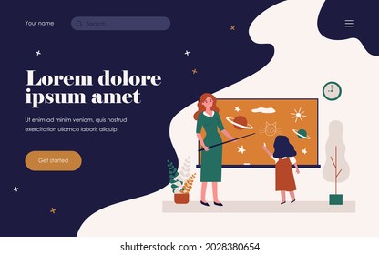 Schoolgirl drawing on chalk board in class. Teacher with pointer asking pupil at blackboard flat vector illustration. Lesson, school class concept for banner, website design or landing web page