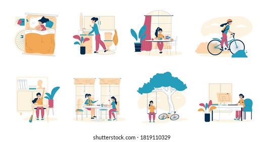 Schoolgirl everyday schedule, daily life scene set. Healthy habit as good night sleep, morning hygiene, vegetarian breakfast eating, sport activity. Girl studying, walking, cycling, doing homework