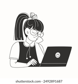 A schoolgirl fell asleep at the laptop while doing her homework in black and white illustration