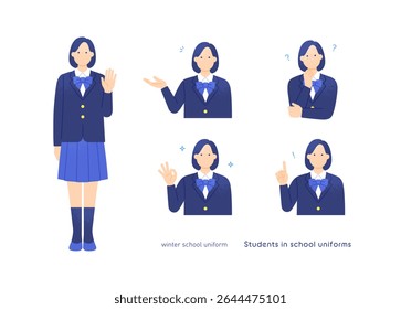 Conjunto de gestos para estudantes — Pensamento, Apontamento, Ideia — Vetor uniforme Blazer