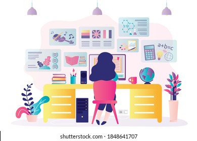 Schoolgirl getting education online at home. Female character sitting at desktop and studying. Open textbook on computer screen. Workplace interior design. Homeschooling concept. Vector illustration