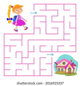 Schoolgirl girl with a backpack goes home through the Labyrinth. Square maze. A maze for a child s problem. The development of preschoolers. Vector illustration