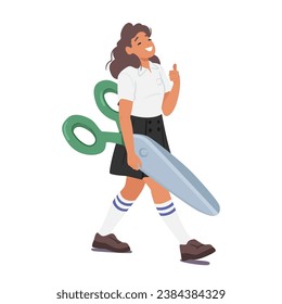 Schoolgirl Gripping Enormous Scissors Stationery Tool, A Curious Blend Of Innocence And Potential Danger, Ready To Embark On Her Creative Or Mischievous Mission. Cartoon Vector Illustration