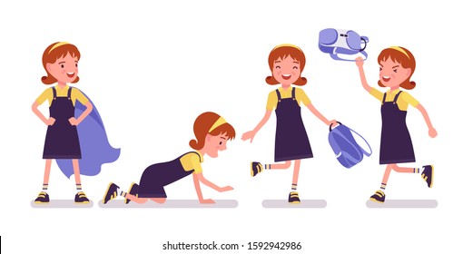 Schoolgirl having fun after school. Cute happy small lady in pretty pinafore dress with rucksack, active young kid, elementary pupil aged between 7, 9 year old. Vector flat style cartoon illustration