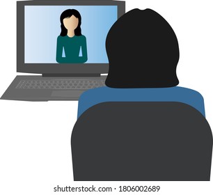 Schoolgirl and her teacher during online lesson. Applicable for Online education, Homeschooling, distance learning.  Vector illustration.