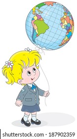 Schoolgirl holding a balloon colored like a globe