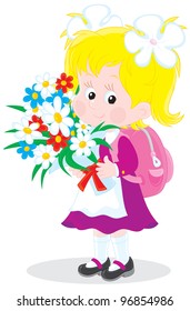 Schoolgirl holding a bunch of flowers