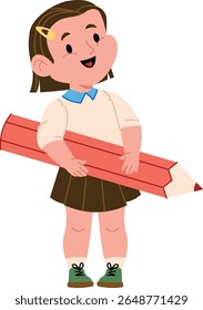 Schoolgirl holding a giant pencil in a playful cartoon style. Young student with oversized writing tool and cheerful expression. Cartoon vector illustration.