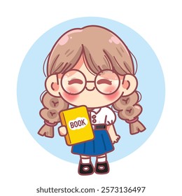 Schoolgirl Holding a Yellow Notebook cartoon  Vector Illustration