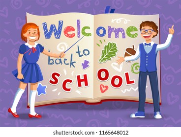 The schoolgirl holds a pointer and points at the book next to the schoolboy who points to the stickers and hand inscription "Welcome back to school"