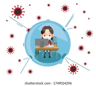 a schoolgirl at home using a computer for online education safe from coronavirus transmission.