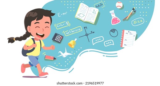 Schoolgirl kid running to school for education. Happy student girl child person character carrying backpack with book, paint brush supplies. Learning, study, knowledge concept flat vector illustration